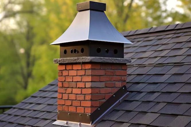 Copper-shrouded chimney cap standing over a shingled Eagan roof