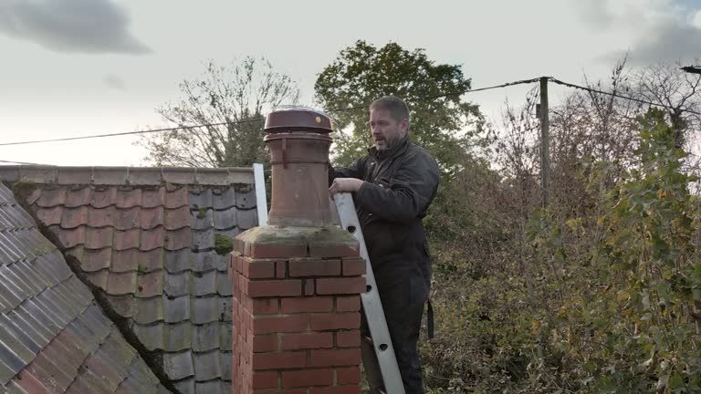 Technician on a ladder seating a pot-style cap on a brick chimney