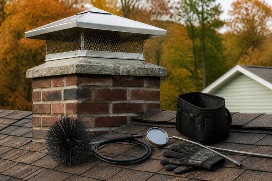 Sweep's brush, mirror and gloves staged beside a capped chimney